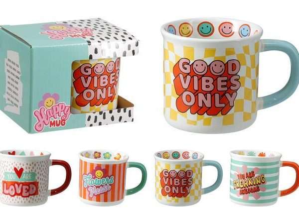 Krus porselen - Happy mug 350 ml (flere motiv)